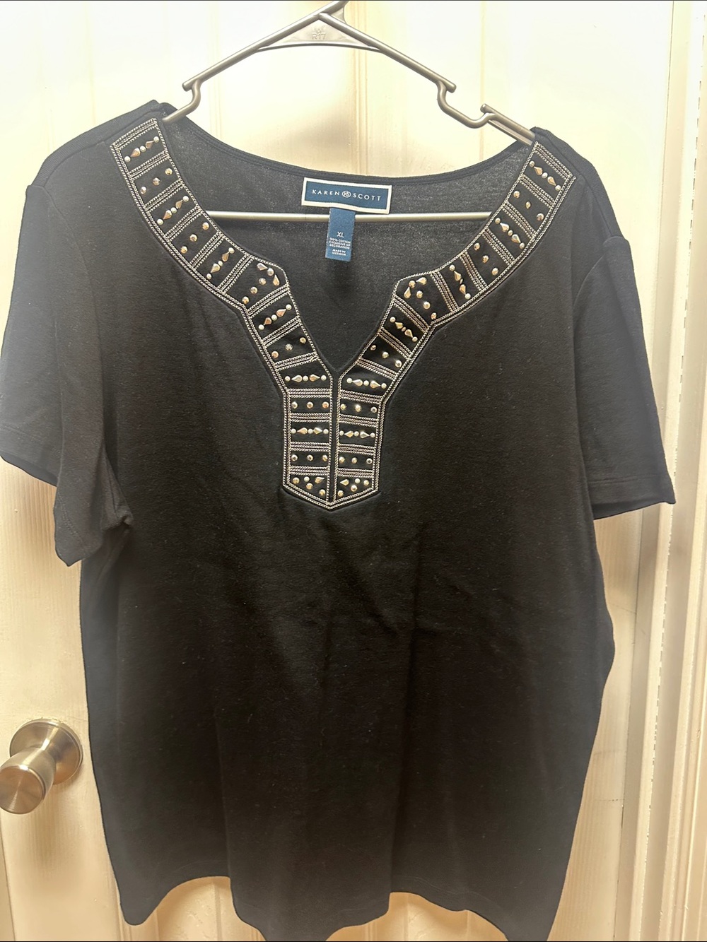 Karen Scott Black Short-Sleeve Top with Studded V-Neck Trim